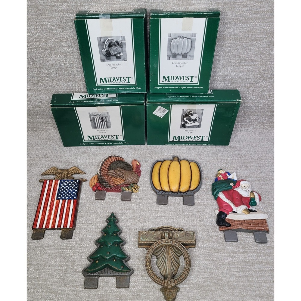 Midwest of Cannon Falls Set Vintage Door Knockers w Base Unit Santa Tree Flag
